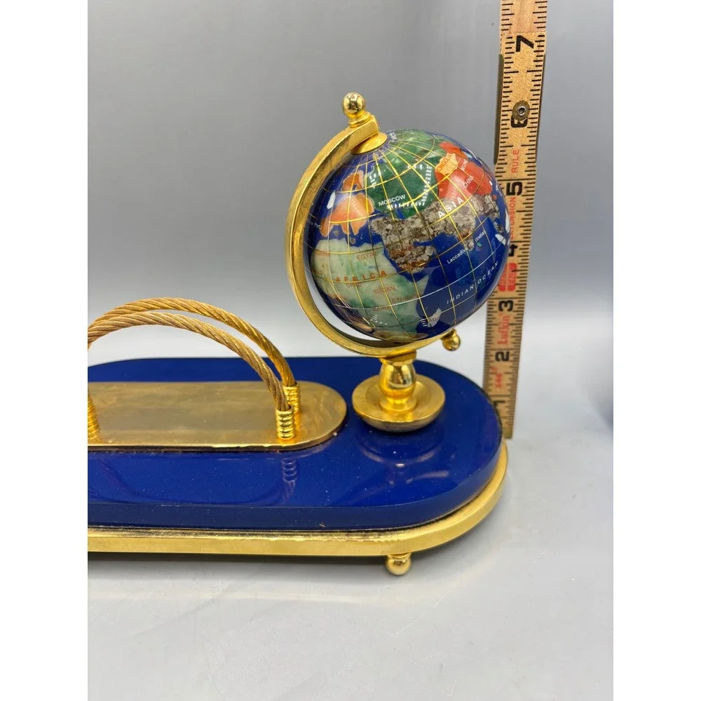 Vtg‎ Desktop Globe Pen Holder Ornate Brass Base Lapis Lazuli Organizer Decor